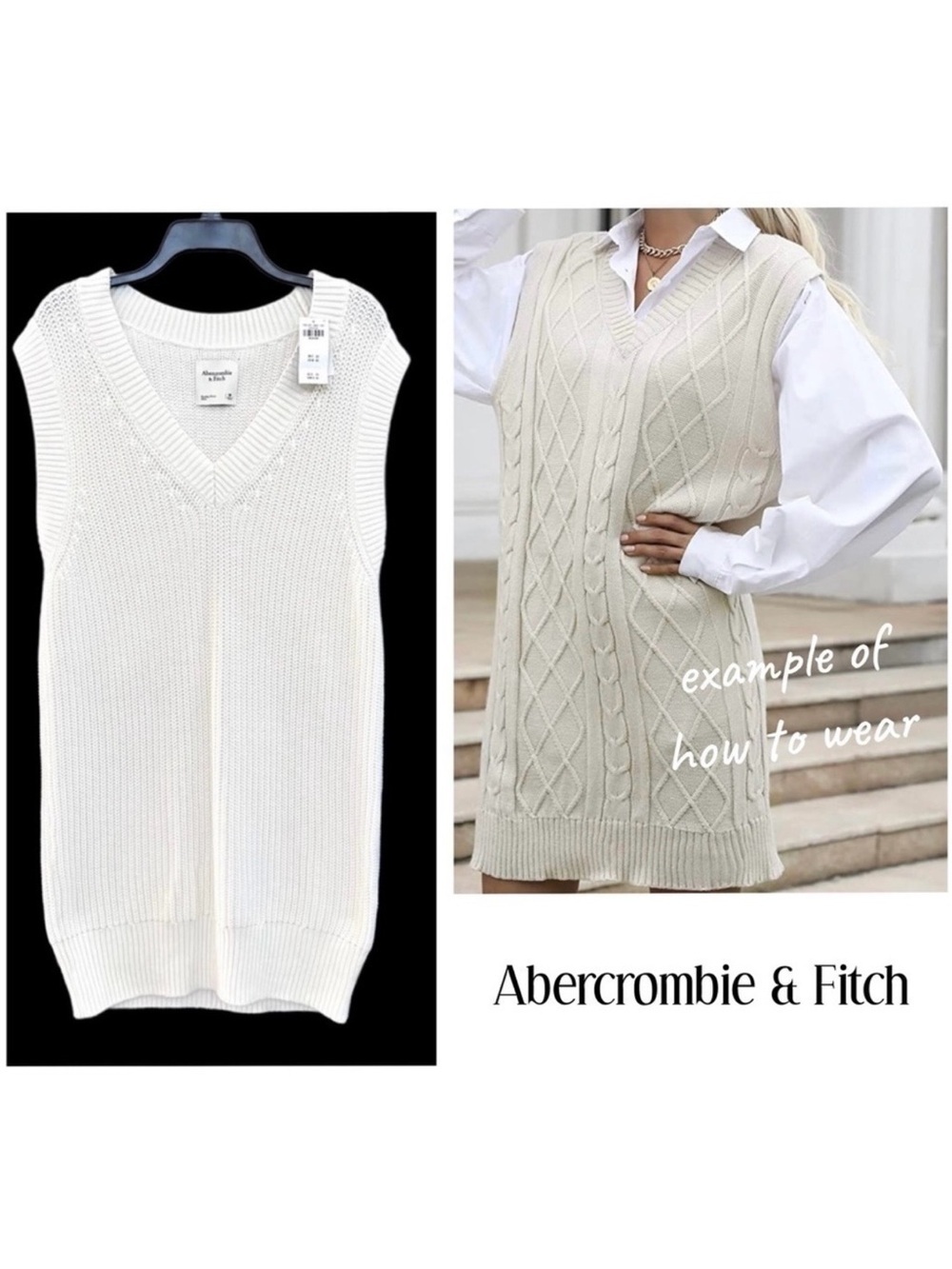 🎁 NWT Abercrombie & Fitch White Sweater Vest Mini Dress or Tunic Size M